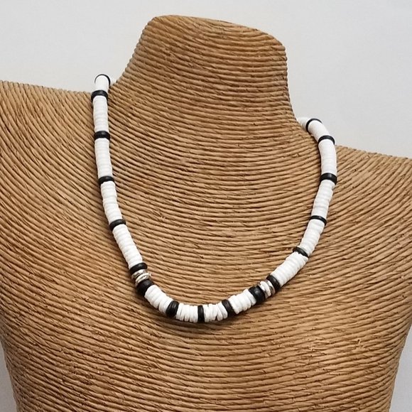 Puka & Wood Necklace 17" White with Black - Picture 1 of 7